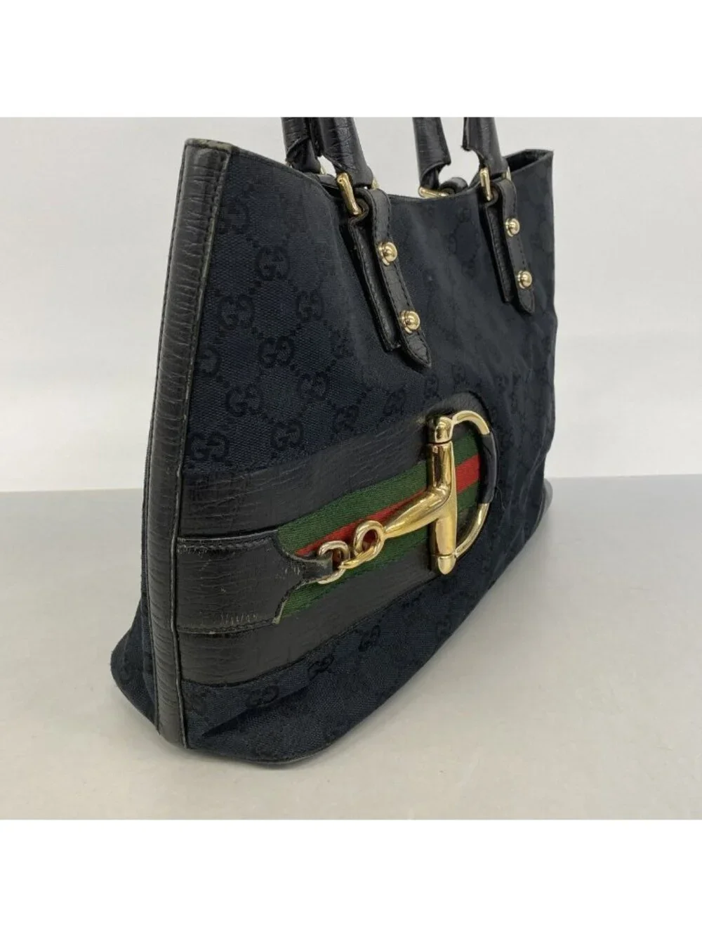 Gucci Tote GG Canvas Sherry Line Horsebit Black Gold